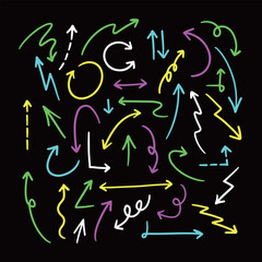 Neon Hand-drawn Arrows on Black Background. Colorful Sketch Set