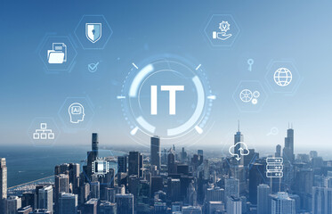 Information technology concept over modern skyline of Chicago, USA with tech icons.