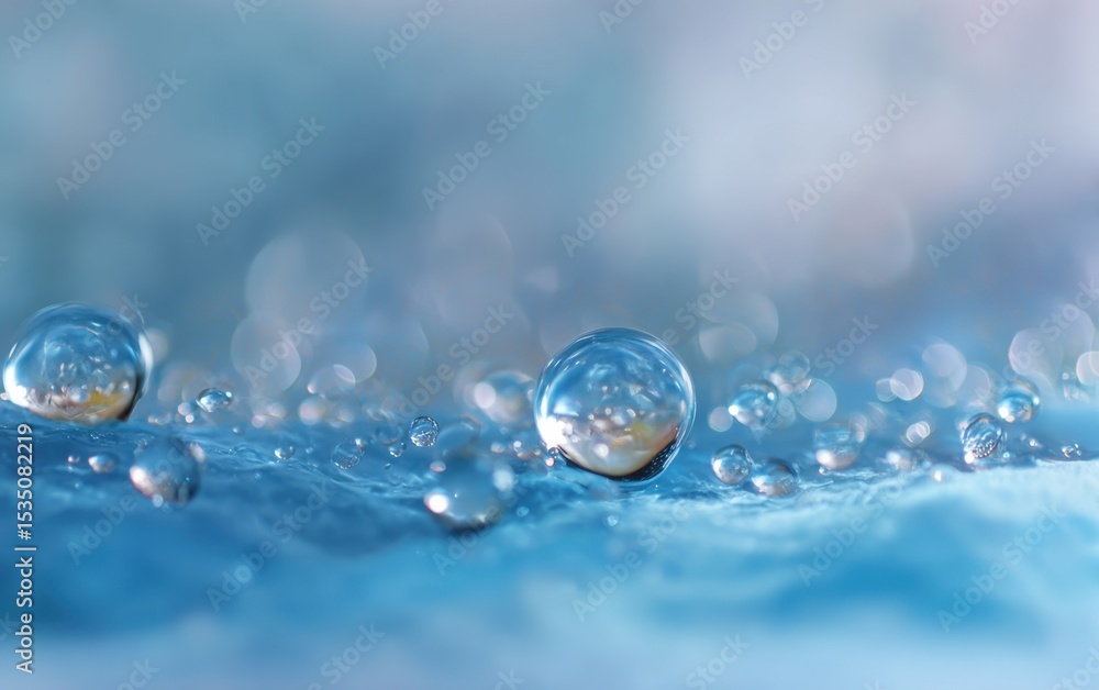 Poster captivating water droplets rest on a gentle surface with blue hues and soft bokeh, creating a mesmer