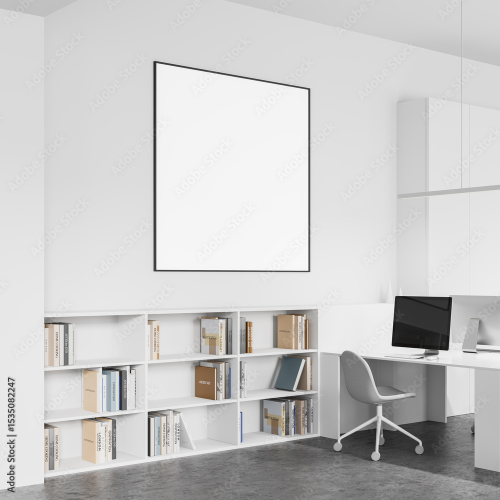 Poster framed blank square poster mockup on white wall in modern clean office interior with computer desk a