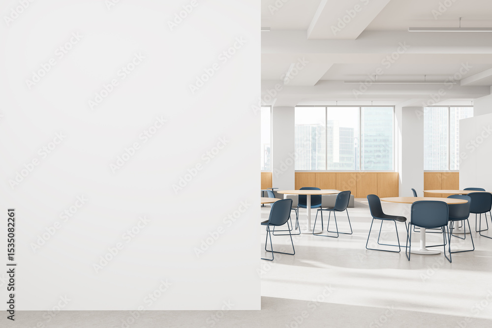 Poster modern minimalist office cafeteria interior with round tables and blue chairs in a bright open space