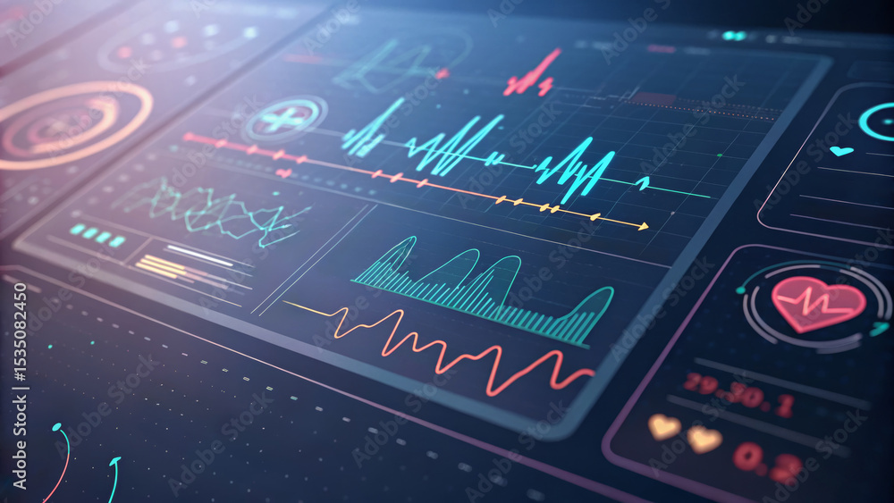 Poster ai chatbot for healthcare support. futuristic health monitoring interface with data visualizations. 