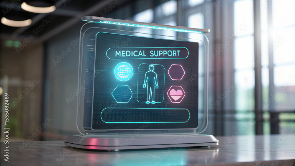 Poster ai chatbot for healthcare support. digital medical support interface on a sleek display screen. ai f