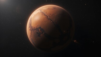 Fototapeta premium Detailed view of a cracked and barren red planet in outer space with distant celestial bodies