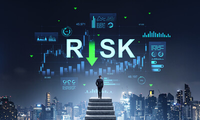Businessman facing large digital "RISK" text and financial chart
