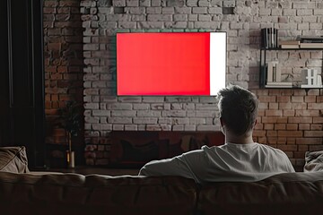 High Definition View of a Man Sitting on a Couch with a Red Square with a Logo for Png