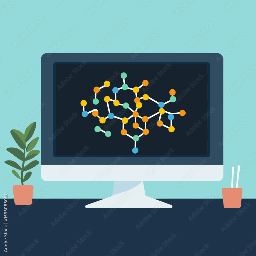 Poster flat style computer monitor displaying colorful molecular structure model with desktop plants and of
