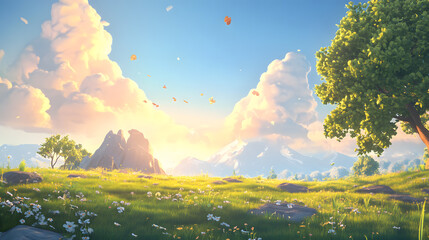 Sunny Meadow with Lush Greenery and Distant Mountains