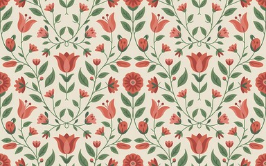 Hungarian Kalocsa Embroidery, Symmetrical Floral Pattern with Coral Tulips, Small Blossoms, and Green Leaves on Beige Background