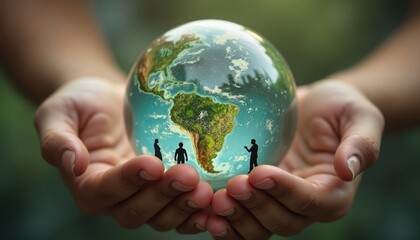 Hands holding a glass globe of the Earth with small figures symbolizing humanity
