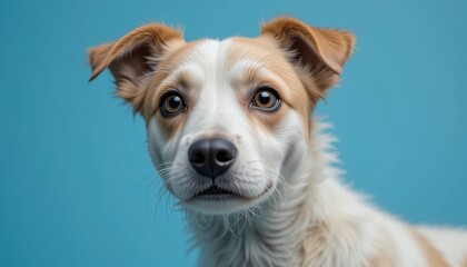 Cute dog portrait with expressive eyes and fluffy fur against a light blue background, perfect for pet lovers