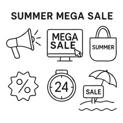 Summer Mega Sale Icon Pack – Black & White Stroke Outline Vector