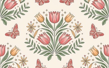 Hungarian Kalocsa Embroidery, Whimsical Floral Pattern with Butterflies, Tulips, and Star Accents in Pastel Colors