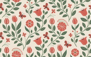 Hungarian Kalocsa Embroidery, Retro floral pattern with tulips, butterflies, and stylized flowers on a cream background