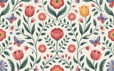 Hungarian Kalocsa Embroidery, Delicate Floral and Butterfly Pattern on a Cream Background