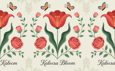 Hungarian Kalocsa Embroidery, Kalocsa Bloom: A Floral Pattern with Tulips, Roses, and Butterflies in a Decorative Design