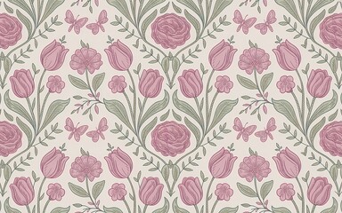 Hungarian Kalocsa Embroidery, Delicate Floral Pattern with Tulips, Roses, and Butterflies