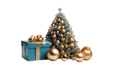 Christmas tree with gold ornaments, teal gift box, festive winter decor, New Year holiday background, isolated on transparent background.