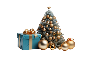 Christmas tree with gold ornaments, teal gift box, festive winter decor, New Year holiday background, isolated on transparent background.