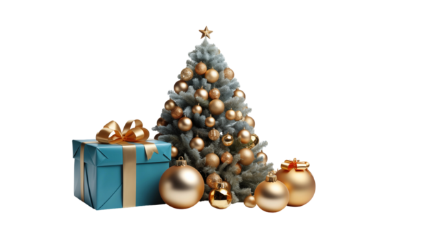 Christmas tree with gold ornaments, teal gift box, festive winter decor, New Year holiday background, isolated on transparent background. - Powered by Adobe