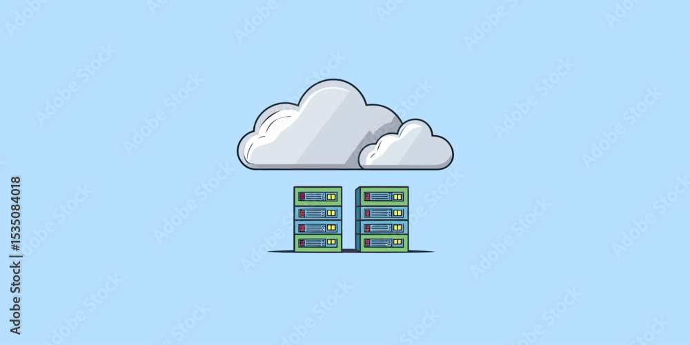 Poster cloud storage technology concept with server racks connected to cloud on blue background, data hosti