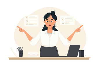 Businesswoman standing at desk pointing left and right with decision making concept checklist and laptop in minimalist flat style vector illustration