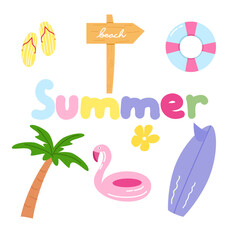 Colorful summer beach elements illustration with surfboard, flamingo, and palm tree. set of beach icons