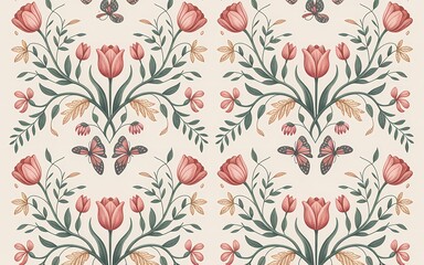 Hungarian Kalocsa Embroidery, Elegant Floral Pattern Featuring Pink Tulips, Butterflies, and Decorative Foliage