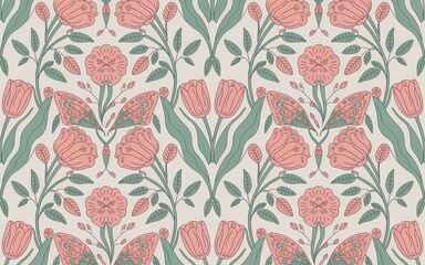 Hungarian Kalocsa Embroidery, Delicate Floral and Butterfly Pattern in Soft Pastel Tones