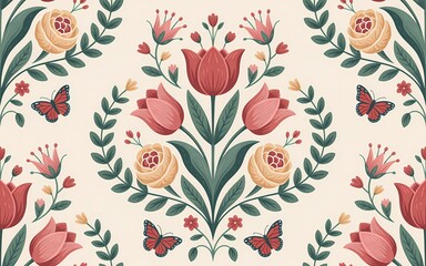 Hungarian Kalocsa Embroidery, Delicate Floral Pattern with Tulips, Roses, and Butterflies