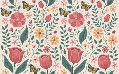 Hungarian Kalocsa Embroidery, Whimsical floral pattern with tulips, daisies, butterflies, and delicate foliage