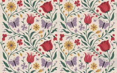 Hungarian Kalocsa Embroidery, Vintage Floral Pattern with Butterflies and Tulips