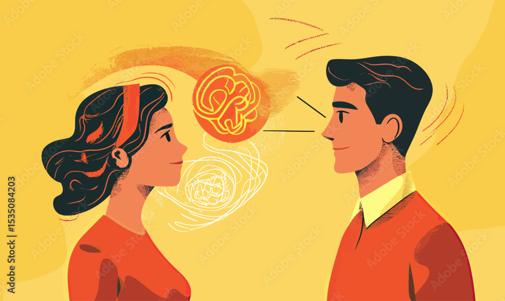 Poster two people engaging in thoughtful conversation with abstract brain and communication symbols illustr