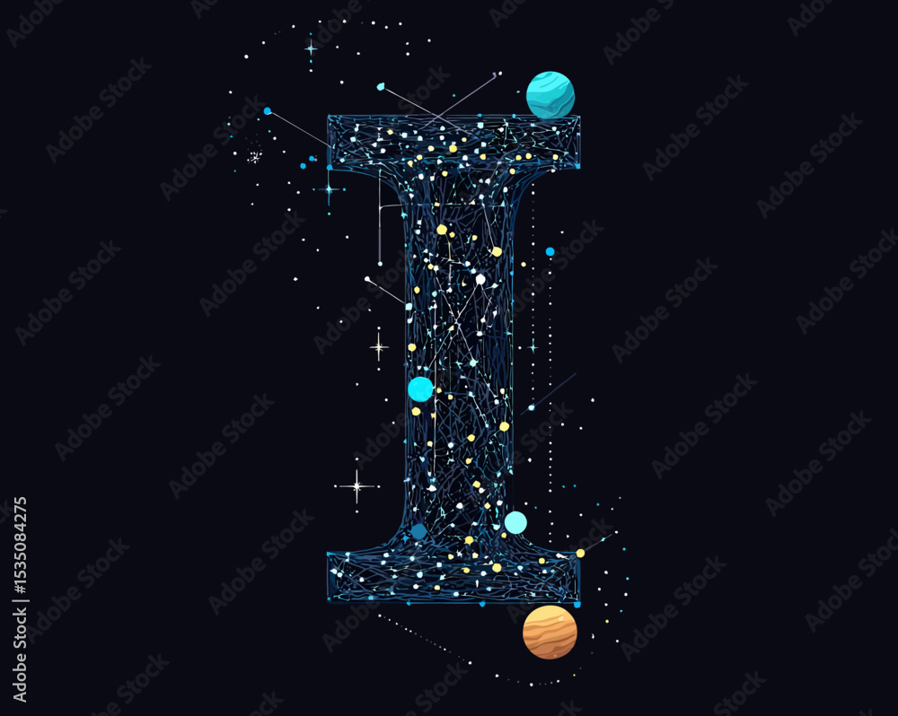 Poster letter i shaped constellation and starry universe with connecting lines planets and stars abstract s