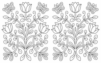 Hungarian Kalocsa Embroidery, Symmetrical Floral and Butterfly Design in Black and White, Detailed Line Art