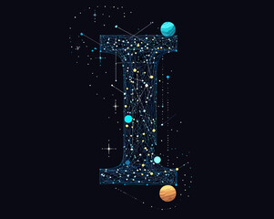 Letter I shaped constellation and starry universe with connecting lines planets and stars abstract space design in dark background vector illustration