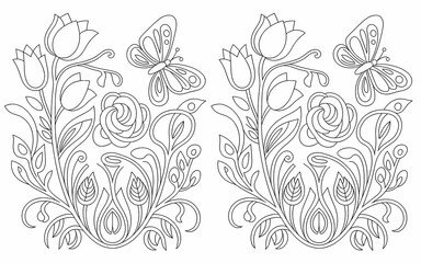 Hungarian Kalocsa Embroidery, Floral arrangement with tulips, roses, butterflies, and abstract leaves in black and white