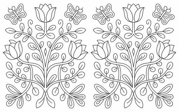 Hungarian Kalocsa Embroidery, Symmetrical Floral and Butterfly Design in Black and White, Detailed Line Art