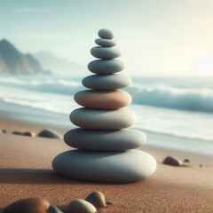 Tranquil seaside moment captured with a perfectly balanced rock tower