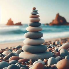 Natural harmony in a stacked stone sculpture by the ocean at sunset