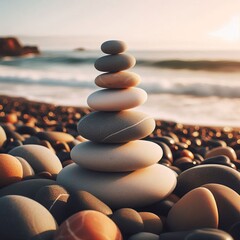 Balanced rock formation on a sandy shore with gentle waves rolling in