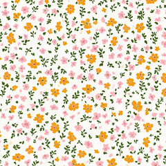 Seamless floral pattern with small pastel pink and orange flowers and green leafy branches on white background for textile and fashion prints design