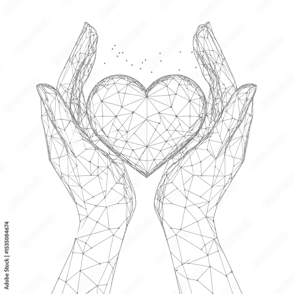 Aufkleber abstract digital wireframe hands holding heart symbol composed of connected dots lines and triangles