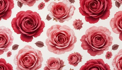 Beautiful Floral Pattern with Varied Shades of Pink and Red Roses on White Background for Elegant Decor