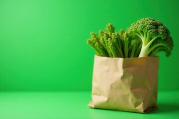 Crisp green veggies in brown paper bag, vibrant green backdrop, spinach, fresh vegetables