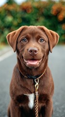 International Dog Day A cheerful brown dog with a bright smile, enjoying a sunny day outdoors.