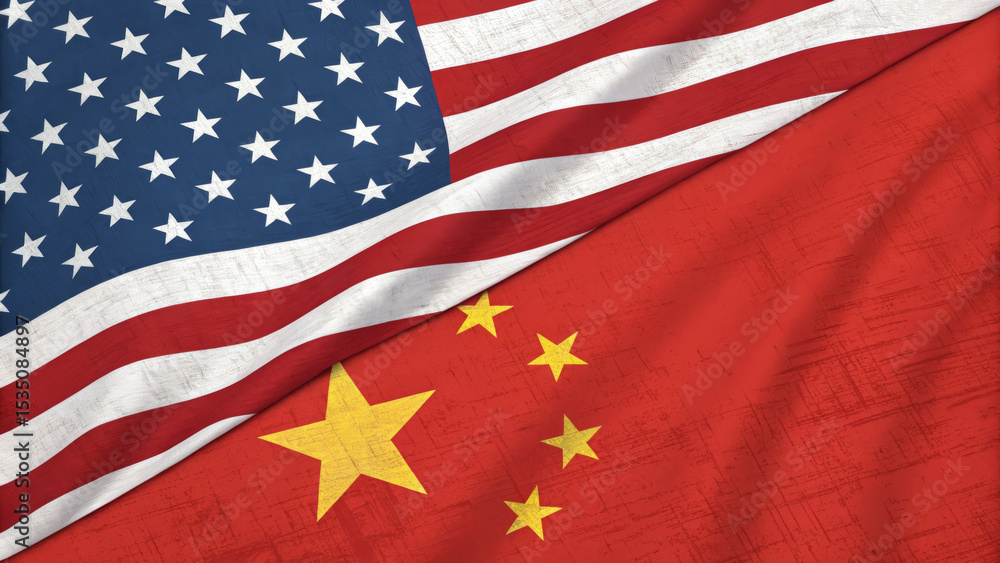 Poster import tariff policy concept. flags of the usa and china overlapping with a textured background.