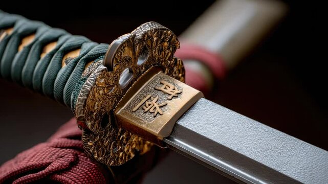 Exploring the craftsmanship of a samurai sword with intricate details in a serene workshop