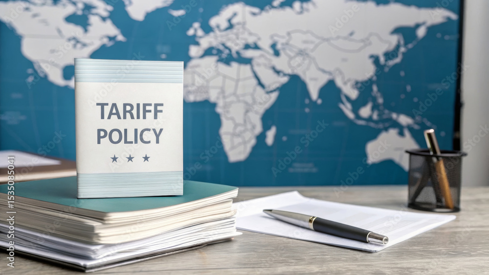 Aufkleber import tariff policy concept. tariff policy document on desk with world map in background.