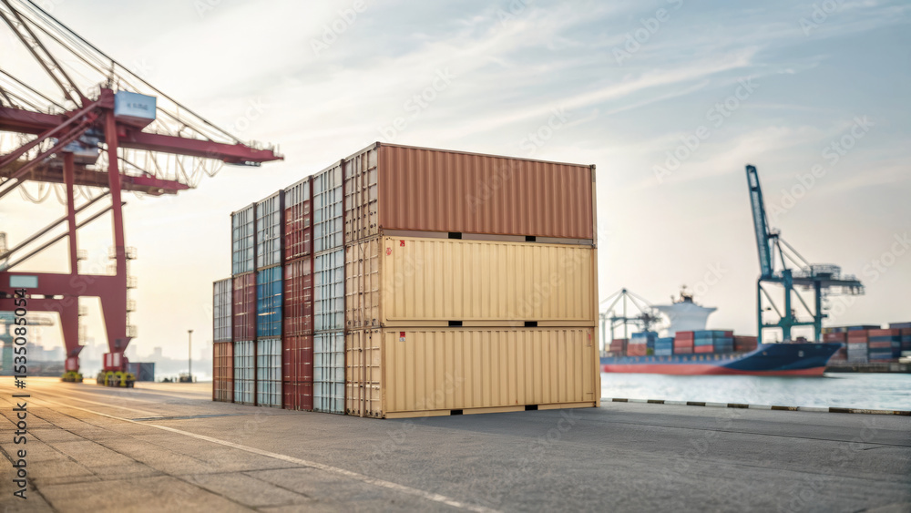 Poster import tariff policy concept. shipping containers stacked at a port with cranes and a cargo ship in 